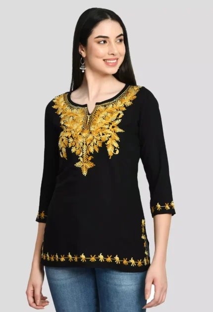 Black Kashmiri Embroidered Short Kurti